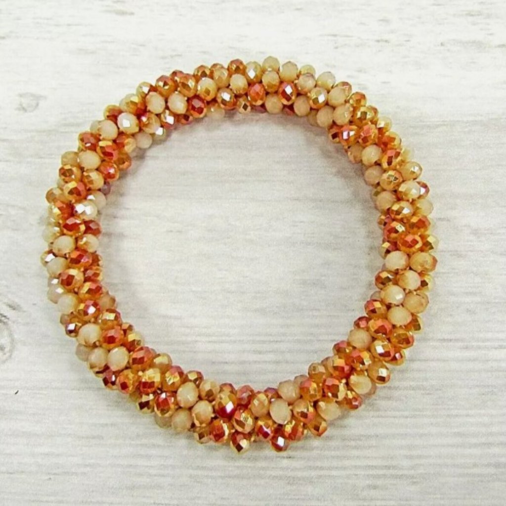 Orange Glass Bead Cluster Stretch Bracelet Mixed With White Glass Beads
